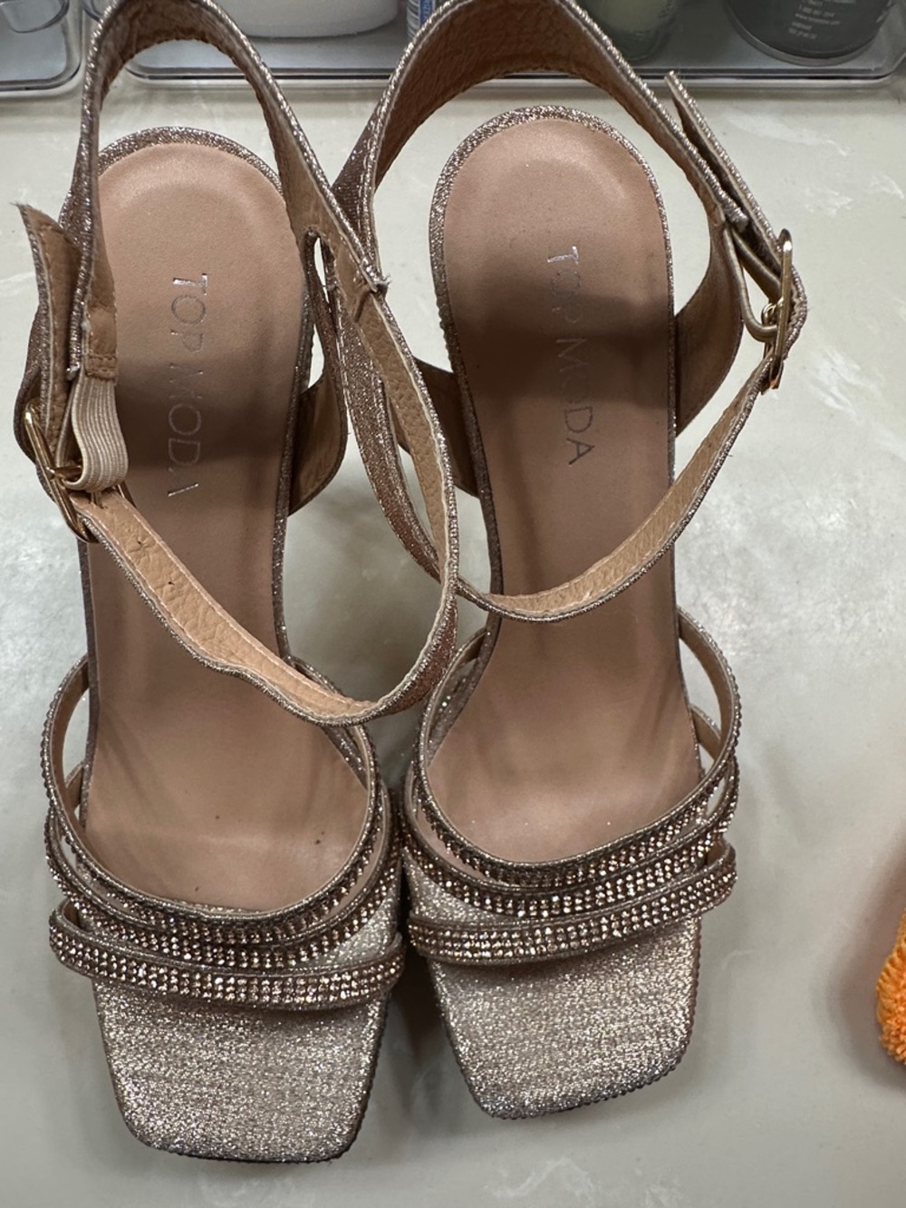 TOP Moda Rose Gold Rhinestone Platform Strappy Heels - Picture 7 of 7
